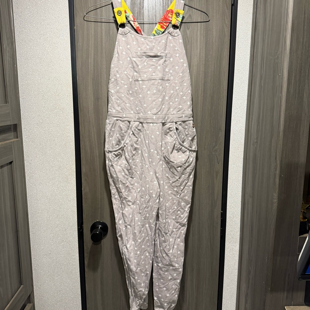 Matilda Jane size 10 Gray Overalls with white stars and an inside floral pattern